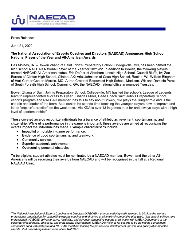 Recent <a href="/RacineUnified/">Racine Unified</a> grad, &amp; Scholar Gamer Alumna, Ariel Johnson of the <a href="/casehslegends/">Case Legends Esports</a> has been named a <a href="/TheNAECAD/">NAECAD</a> All-American! Ariel worked hard at <a href="/PlayOverwatch/">Overwatch</a> to rise from JV to Varsity. Congrats to Ariel for all her hard work and perseverance. cc:<a href="/CoachAntor/">Adam Antor</a>