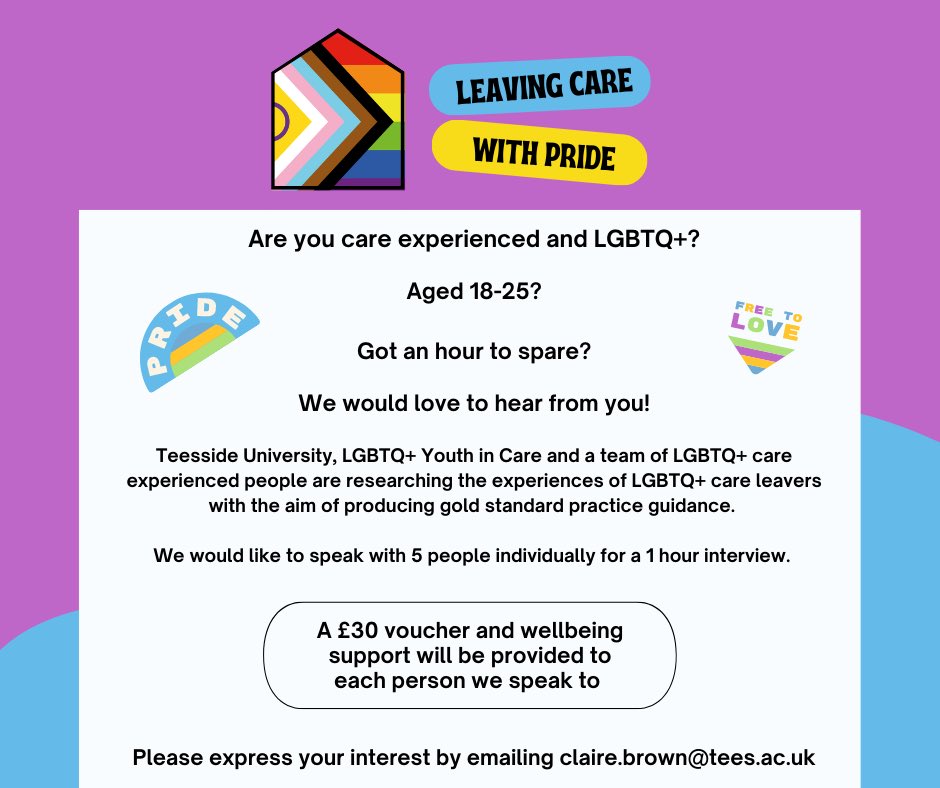 Are you care experienced and #LGBTQ+? Aged 18-25? Got an hour to spare to share your experiences? We would love to hear from you for this latest project which has been co-produced with LGBTQ+ #cep 

Please express your interest by emailing claire.brown@tees.ac.uk