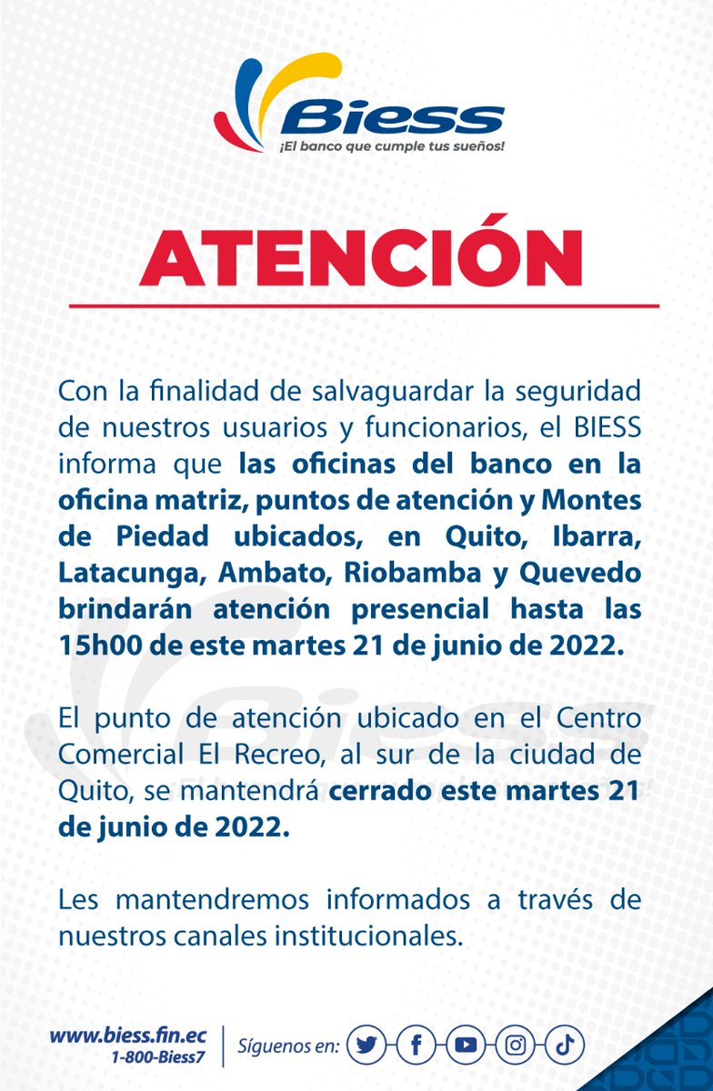 BiessEcuador's tweet photo. 📣 ATENCIÓN 📣
Importante información para nuestros usuarios https://t.co/0W6X9fRPy0