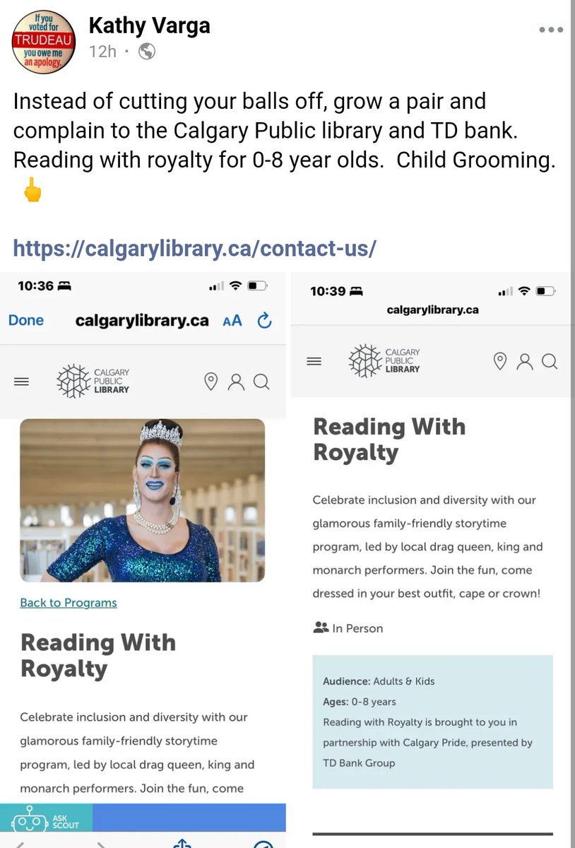 nochudsyyc's tweet photo. The @calgarylibrary has been hosting "Reading with Royalty" with @CalgaryPride since 2018. It is a wonderful and wholesome program that we've attended and would recommend to any family. It is returning this summer. Yesterday some of the local RWNJs expressed their intention to 1/ https://t.co/SlN3x9TyQv