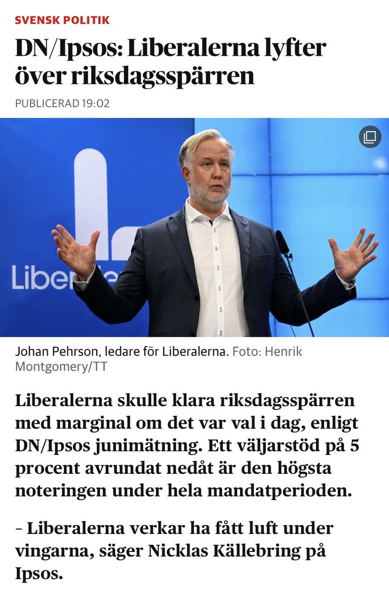 FredrikMalm's tweet photo. Liberalerna ökar kraftigt i DN/Ipsos, vi är nu över 5 procent. 

Med flit och spänst i medborgarnas tjänst. https://t.co/1Ry99lng5g