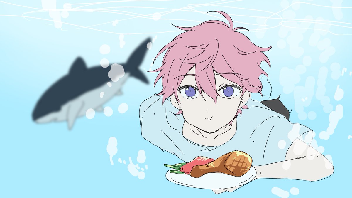 1boy male focus pink hair fish underwater food plate  illustration images