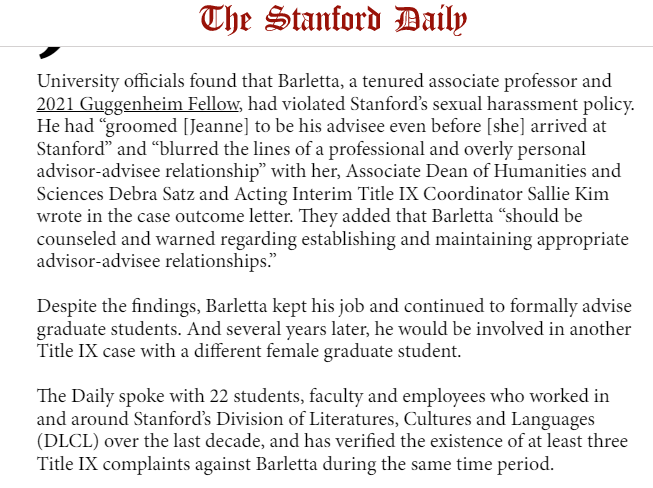 It's imperative that we all-ESPECIALLY in Iberian/Lat Am Culture &amp; Lit Studies-express our solidarity with the students affected by Barletta's behavior at Stanford. The brave women who spoke out deserve our support. This 'open secret' culture must stop!
stanforddaily.com/2022/06/19/a-s…