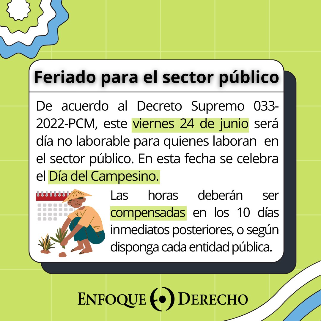 EnfoqueDerecho's tweet photo. #DíadelCampesino🥔
¿Sabías que el viernes 24 de junio será día #no #laborable para el sector #público?
En el siguiente #carrusel, #EnfoqueDerecho, te explica cómo se recuperará este día no laborable y la posibilidad de que se acuerde en el sector #privado. https://t.co/q1oeWu9GuH