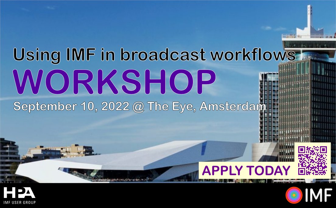 Hello again Amsterdam! We are hosting a workshop on "using IMF as a master in broadcast workflows". Join European broadcasters and suppliers - current and future IMF adopters. Space is extremely limited. Apply today!

forms.gle/uiAnGv3PUdRtuf…

#ispeakimf #ibc2022