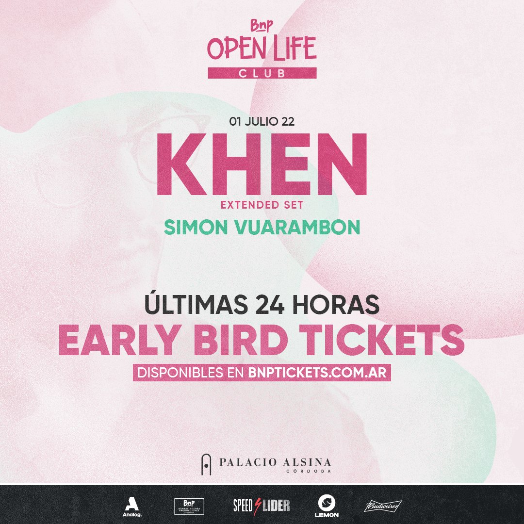 BuenasNochesPro's tweet photo. HOY ES EL ÚLTIMO DÍA!
Últimas 24hs de EARLY BIRD TICKETS para el próximo OPEN LIFE Club.
1ero de Julio
OPEN LIFE Club en palacio alsina @speedunlimited_
@KHENmusic EXTENDED SET
@simonvuarambon
#KHEN #BNPAnniversary #OpenLifeClub #Mas2Decades #CordobaOpenLife #BNP #openlife https://t.co/mq0ldlB89y
