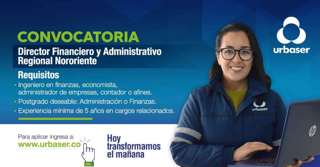 #OportunidadLaboral para Director(a) Financiera y Administrativa. 

Envío de hojas de vida a: seleccion.regionalnororiente@urbaser.co
(mencionar en el asunto al cargo al que te postulas)