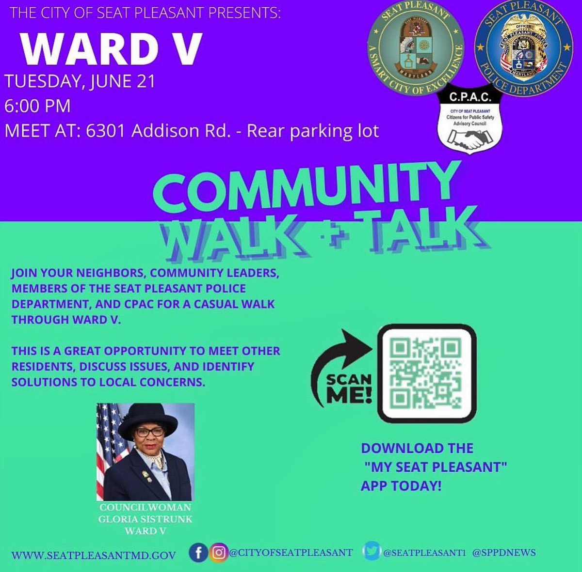 SPPDNews's tweet photo. Meet us at 6301 Addison Road today, June 21, at 6:00 p.m. for the Ward V Walk &amp; Talk! #SPPD #WardV https://t.co/EzMY7pKAyV
