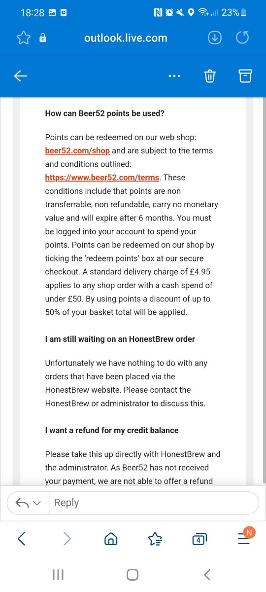 Kate_Laura's tweet photo. @R_McRae @adiemonk1 @GregMerseyexile @HonestBrew I just got the email - You get a credit on Beer52 as points which can't be refunded and have to be used in 6 months. You can also only use the points for 50% of your order for to use your credit you'll have to buy double the amount you have https://t.co/sqO0NYdZ2U