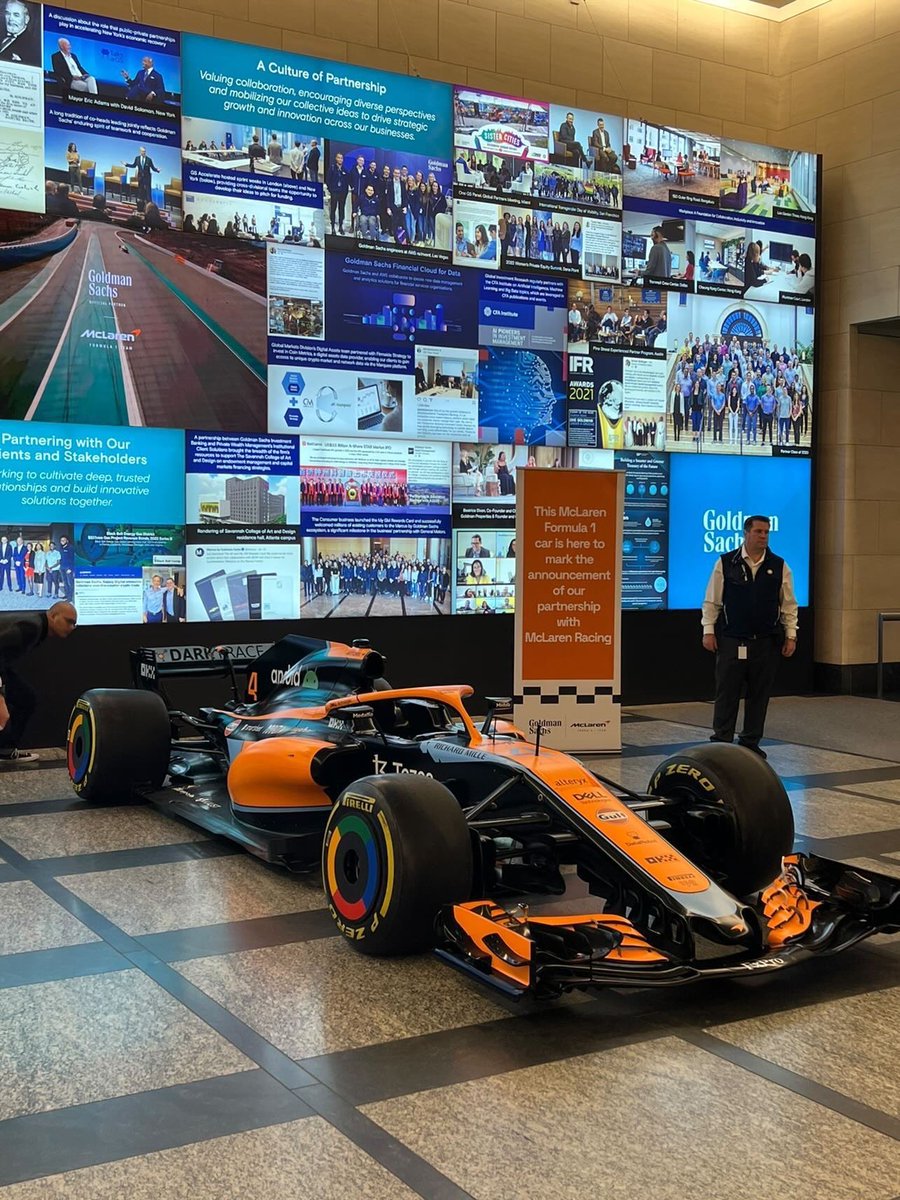 litcapital's tweet photo. Goldman Sachs is now partnering with McLaren’s F1 team. Pics from their lobby today https://t.co/QQUPmSmgXb