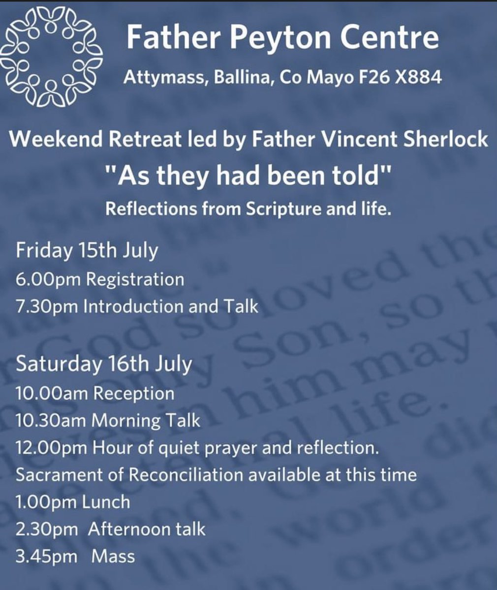 Glad to be part of this gathering in the <a href="/frpeytoncentre/">FatherPeytonCentreIreland</a> - a truly wonderful venue in <a href="/achonrydiocese/">Diocese of Achonry</a> and <a href="/AttymassParish/">Attymass Parish</a> Would love to see some of you there. Thanks to The Centre for asking me to be involved.