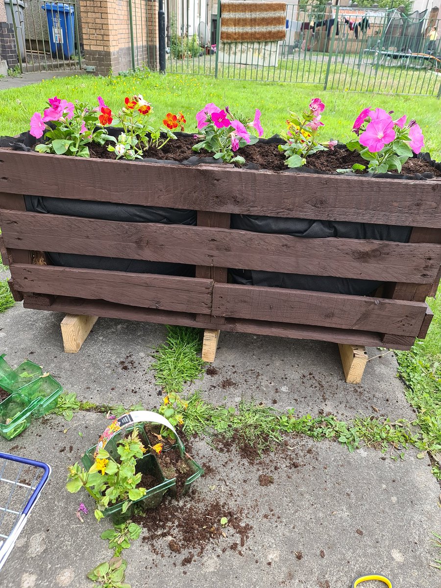 MrMAGIC72014978's tweet photo. So proud of mommy, She used 2 pallets &amp; YouTube and turned 2 pallets into 2 Planters for the back garden and she has filled the 1st one with soil &amp; flowers 
We finks it looks so pretty #OurLilGarden #PalletDiy #GardeningTwitter https://t.co/wkIbGAb9FW