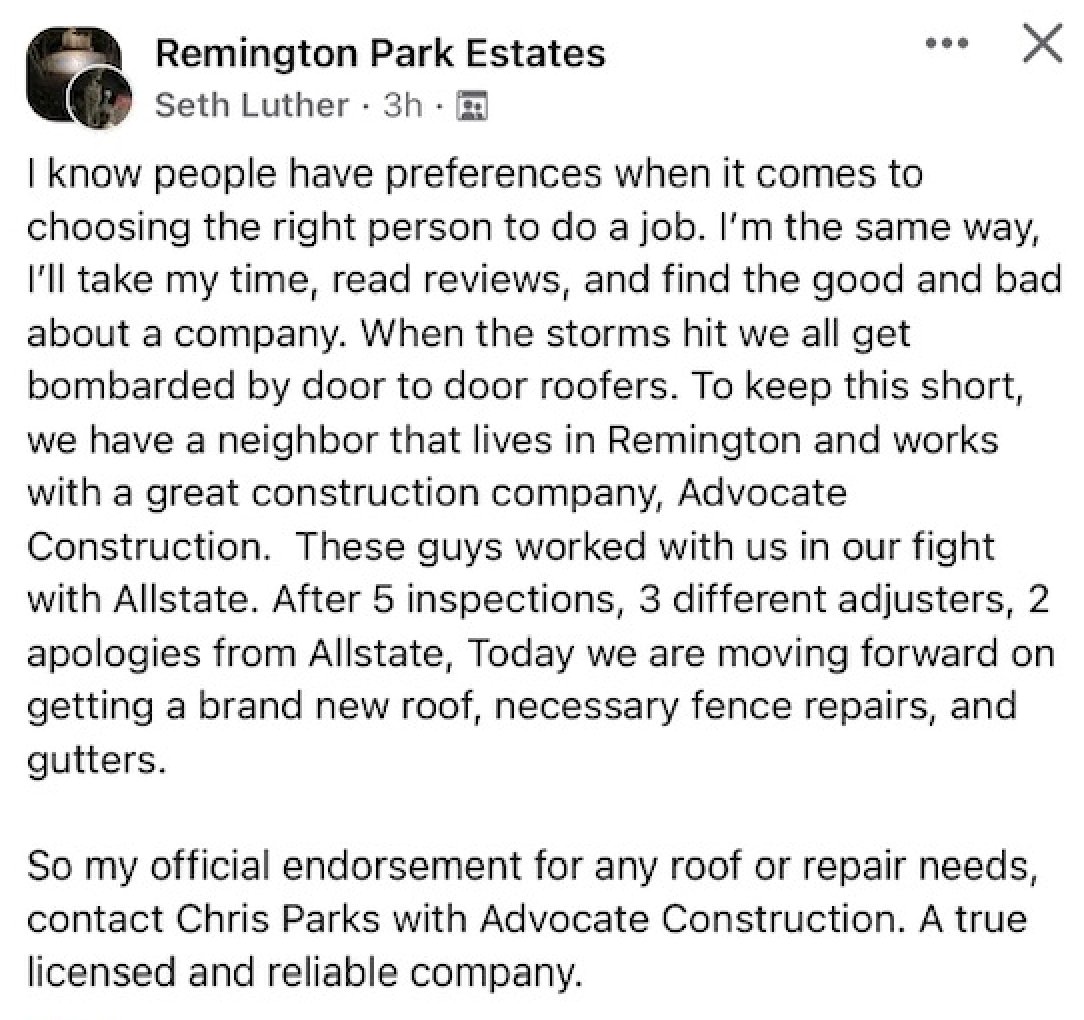 AdvocateRoofing's tweet photo. Thanks to our customer Seth for sharing this recommendation in his local FB group! We recently opened an office in the #Dallas area and are excited to bring our top-rated #customerservice to #Texas!  Call us to see if we can offer you the same 5-star experience! (214) 935-9152 https://t.co/fTAdVDIgLr