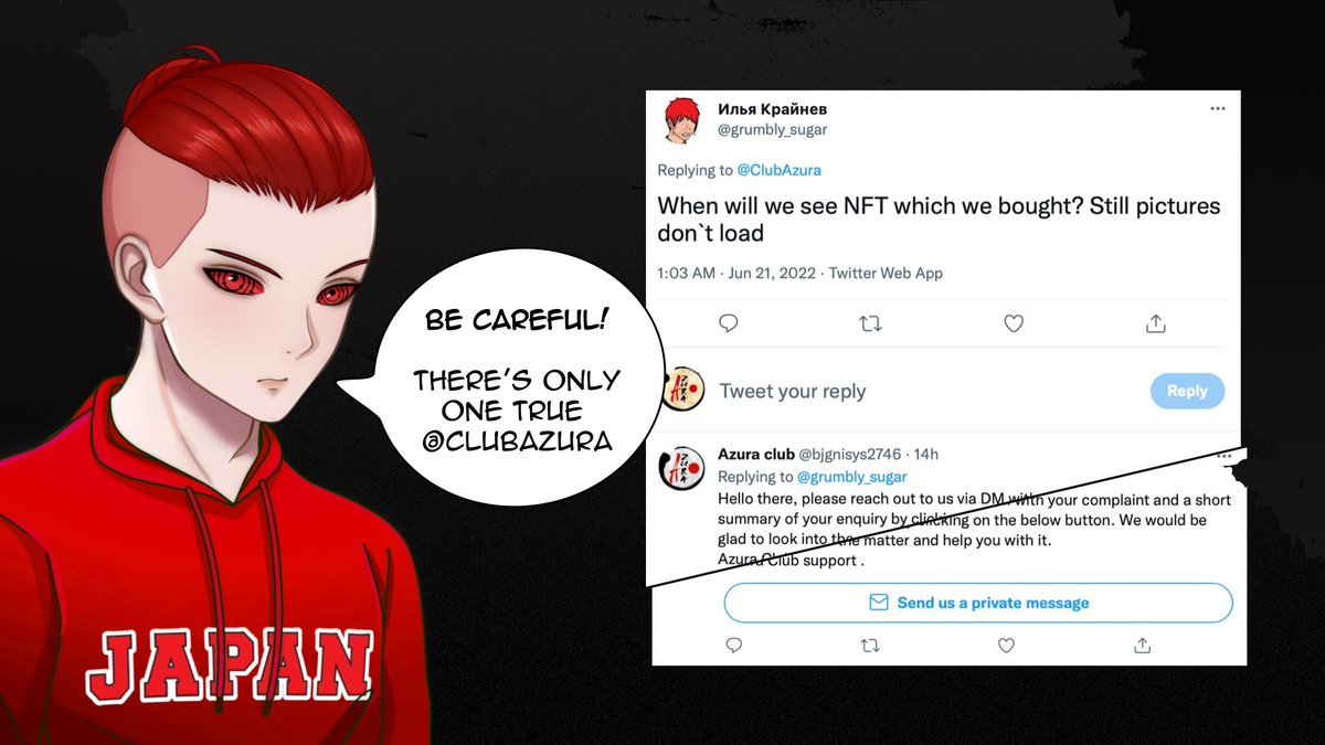 ❌ Need to warn you that here on TWI and in #Discord there are many #scammers!

❌ Don't tell anyone your wallet's code words and seed phrases!

⚠️ We have ONLY 1 TWITTER ACCOUNT!

✅ Our main DISCORD moderator is Bread_Pitt | AZURA ⛩#8689

<a href="/bjgnisys2746/">Alex Jorginho</a> — Scammer!

#NFTs #SOL