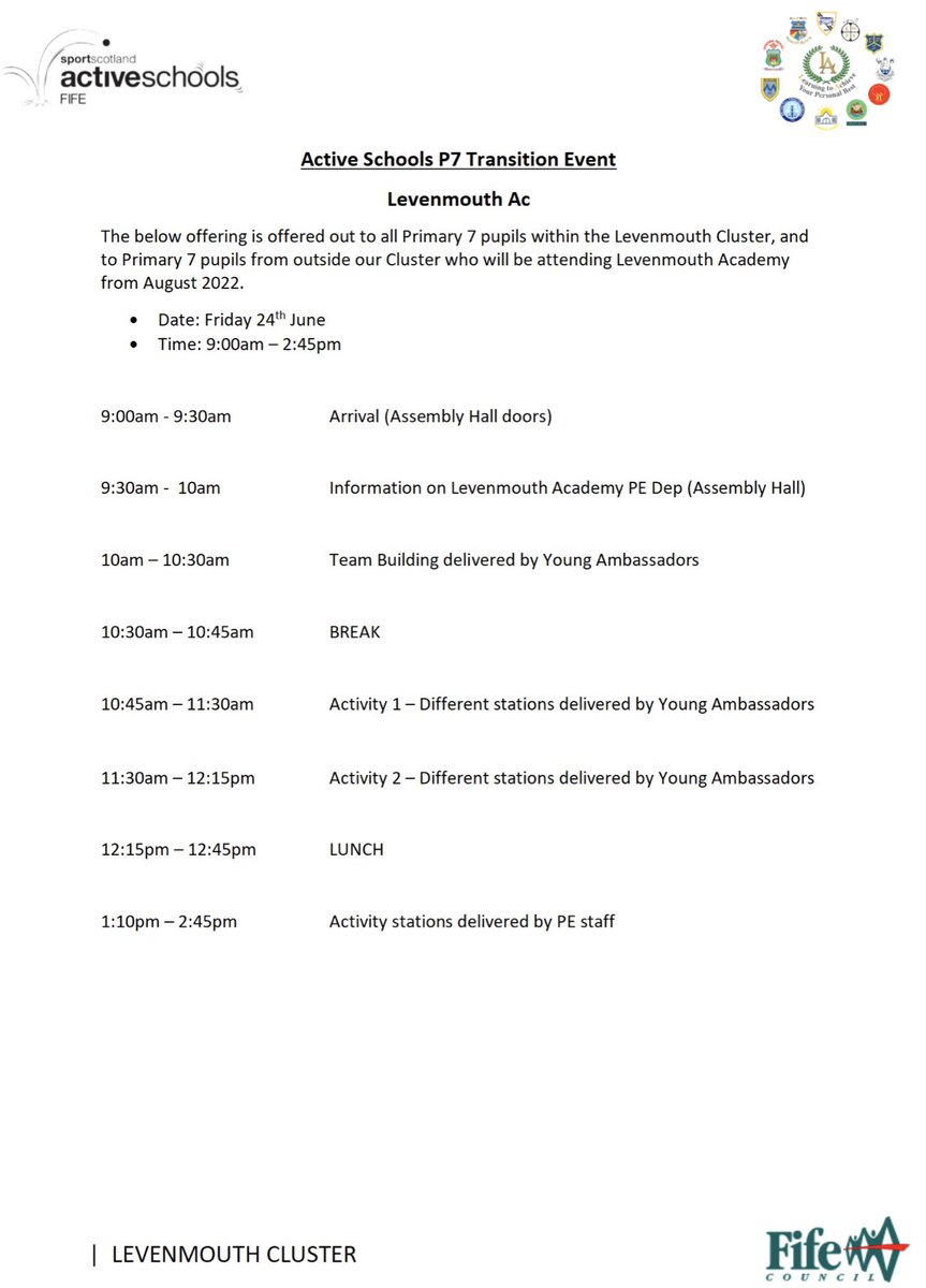 Levenmouth Academy (@levenmouthac) on Twitter photo ⚽️<a href="/FifeActiveSch/">Fife Active Schools</a> TRANSITION🏐
#LevAcPE are extremely excited to be welcoming all of our 300+ Primary 7 pupils to the department on Friday this week🙌🏻
Take a look below at the plan for the day🤩
#ICan #LevAcActSch #LevAcPE #TeamLevenmouth💜
👇🏻 ⚽️<a href="/FifeActiveSch/">Fife Active Schools</a> TRANSITION🏐
#LevAcPE are extremely excited to be welcoming all of our 300+ Primary 7 pupils to the department on Friday this week🙌🏻
Take a look below at the plan for the day🤩
#ICan #LevAcActSch #LevAcPE #TeamLevenmouth💜
👇🏻