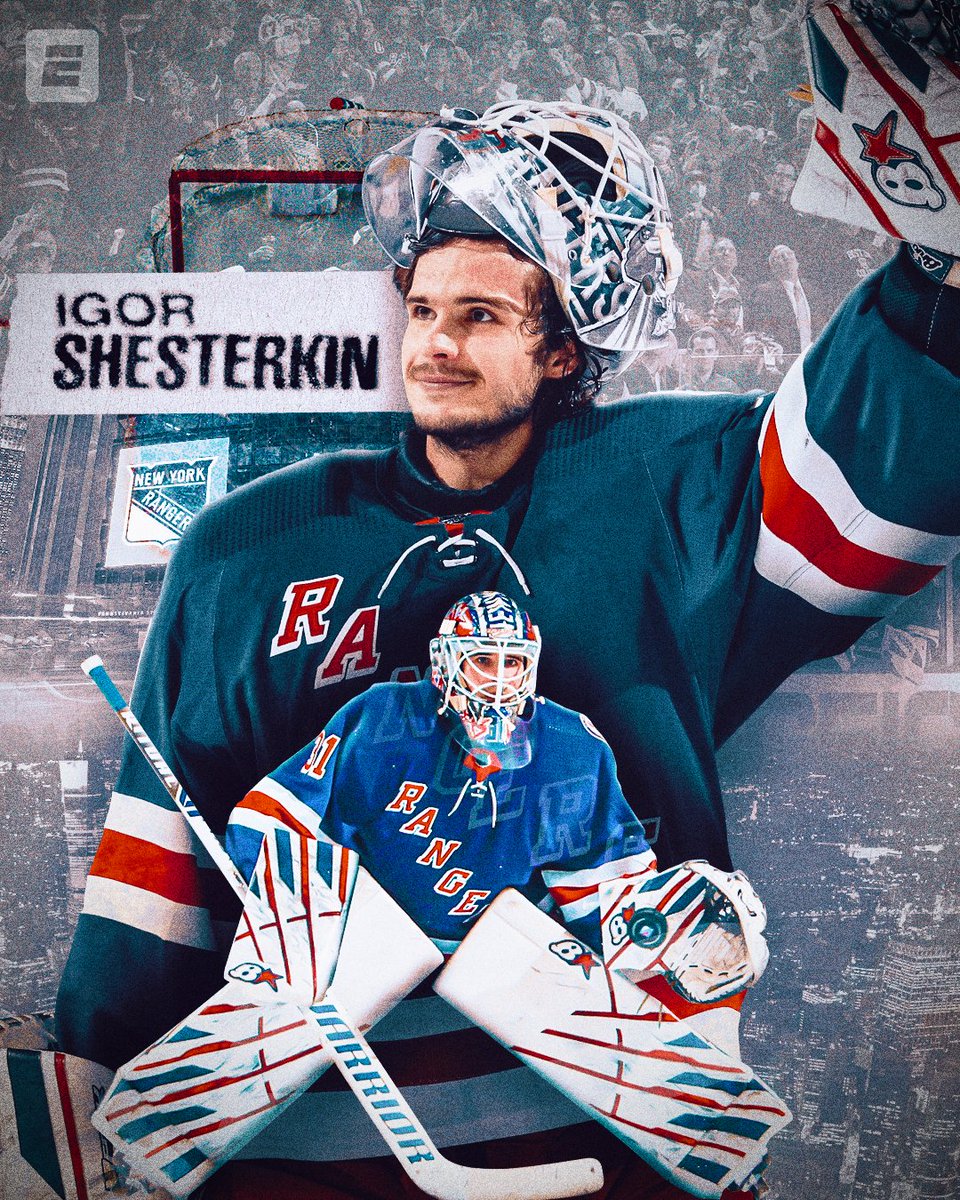 espn's tweet photo. The Vezina Trophy goes to none other than Igor Shesterkin, a stalwart in goal all season long 🔒 https://t.co/Wp9nCJdAlO