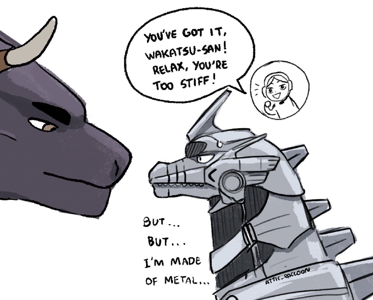 There are a few different versions of mechagodzilla. One of them is called Kiryu (from 2002 and 2003). Of course, I couldn't let such an opportunity slip by in my monsterverse AU. But unfortunately, Godzilla and friends were quite smaller at that time.
Be strong, Wakatsu-san. 