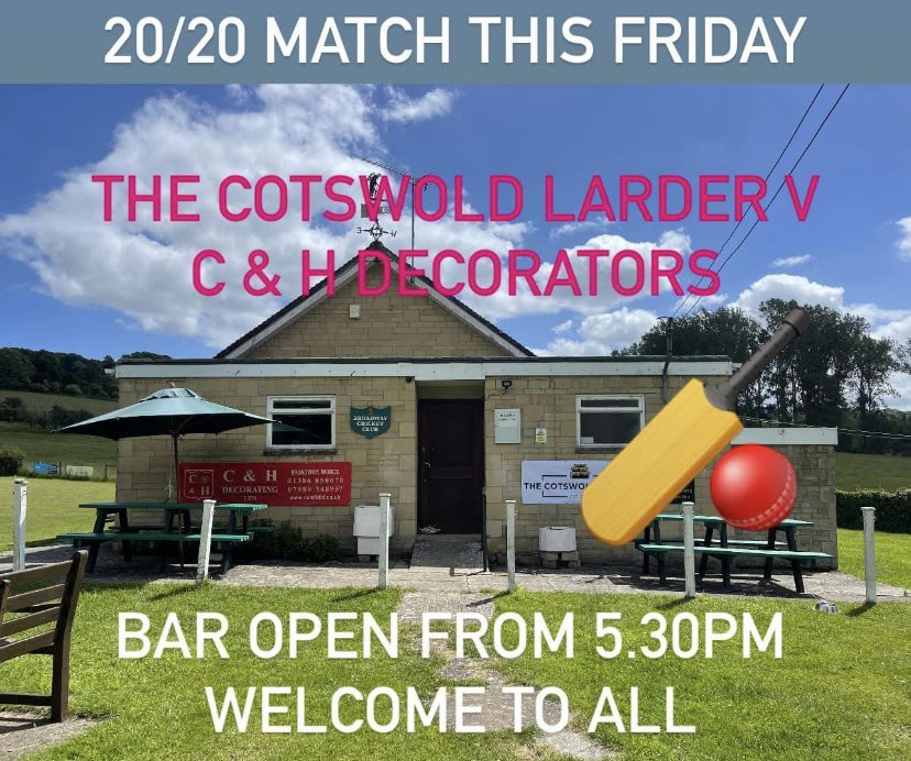 Broadwayseconds's tweet image. This Friday sees our two clubhouse sponsors go head to head in a 20/20!

@LarderCotswold vs C&amp;amp;H Decorating

🍺Bar fully stocked🍺
🌭BBQ and Pasties avaiable🥟

Help raise some money for your local club!