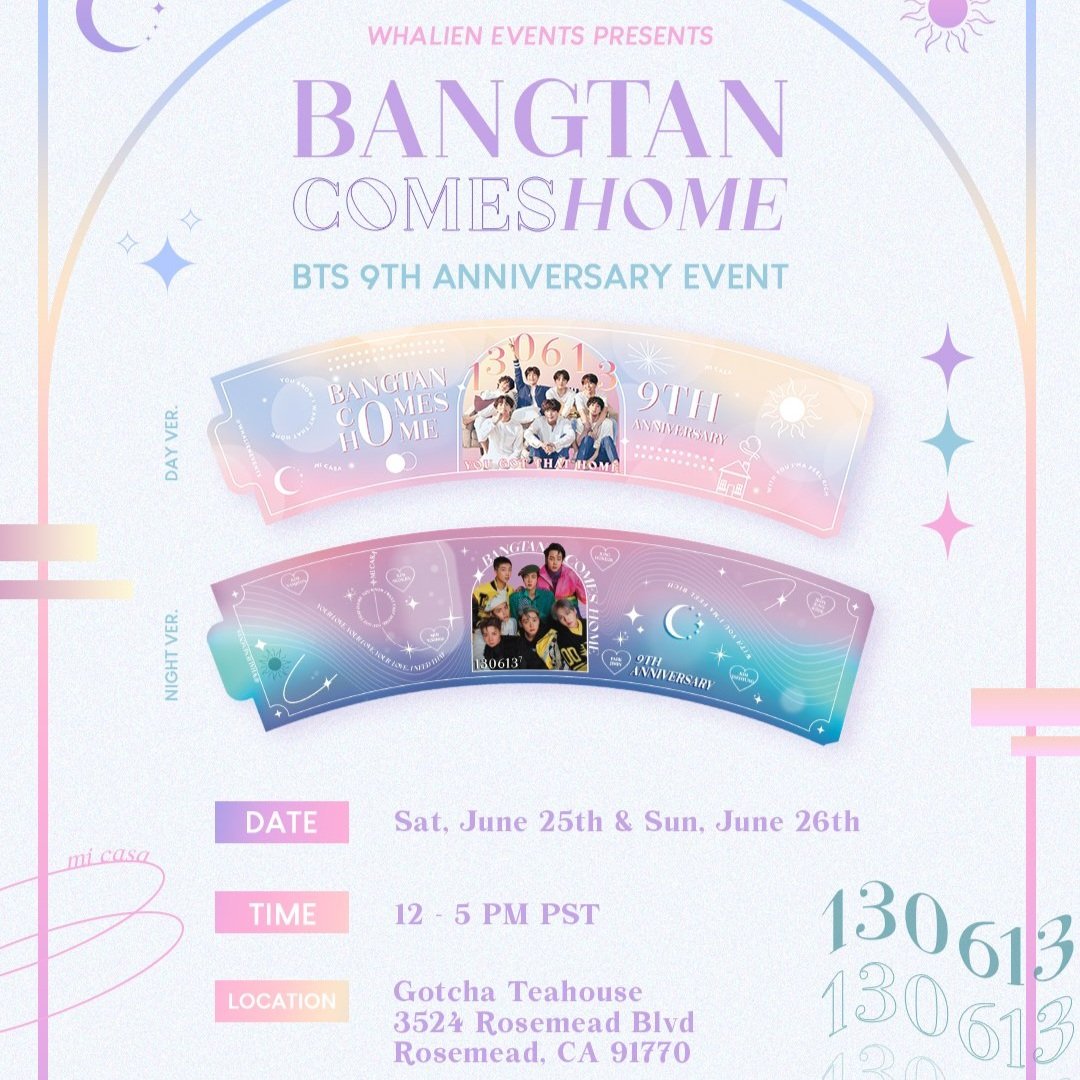 💜 Upcoming Event 💜
Bangtan Comes Home Cupsleeve Event

🗓 Sun, 6/26 · 12 - 5 p.m.
📍 Gotcha Teahouse, Rosemead

June has been filled with so many events! The next celebration event I will vendor at will be @whalienevents Bangtan Comes Home at Gotcha Teahouse on Sunday, 6/26 💜