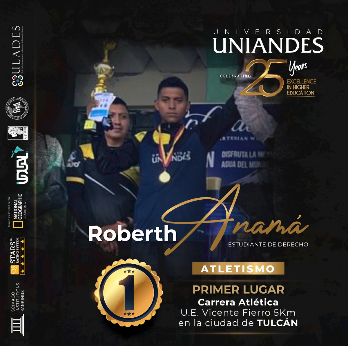 Felicitamos a nuestro deportista uniandino Robert Anamá estudiante de la Carrera de Derecho sede Tulcán, quien fue ganador del primer lugar en la Carrera Atlética Pablo Muñoz Vega - 5k Corriendo por la vida en la Categoría Libre.

#UniandesEc #deportistasdeelite #uniandinos