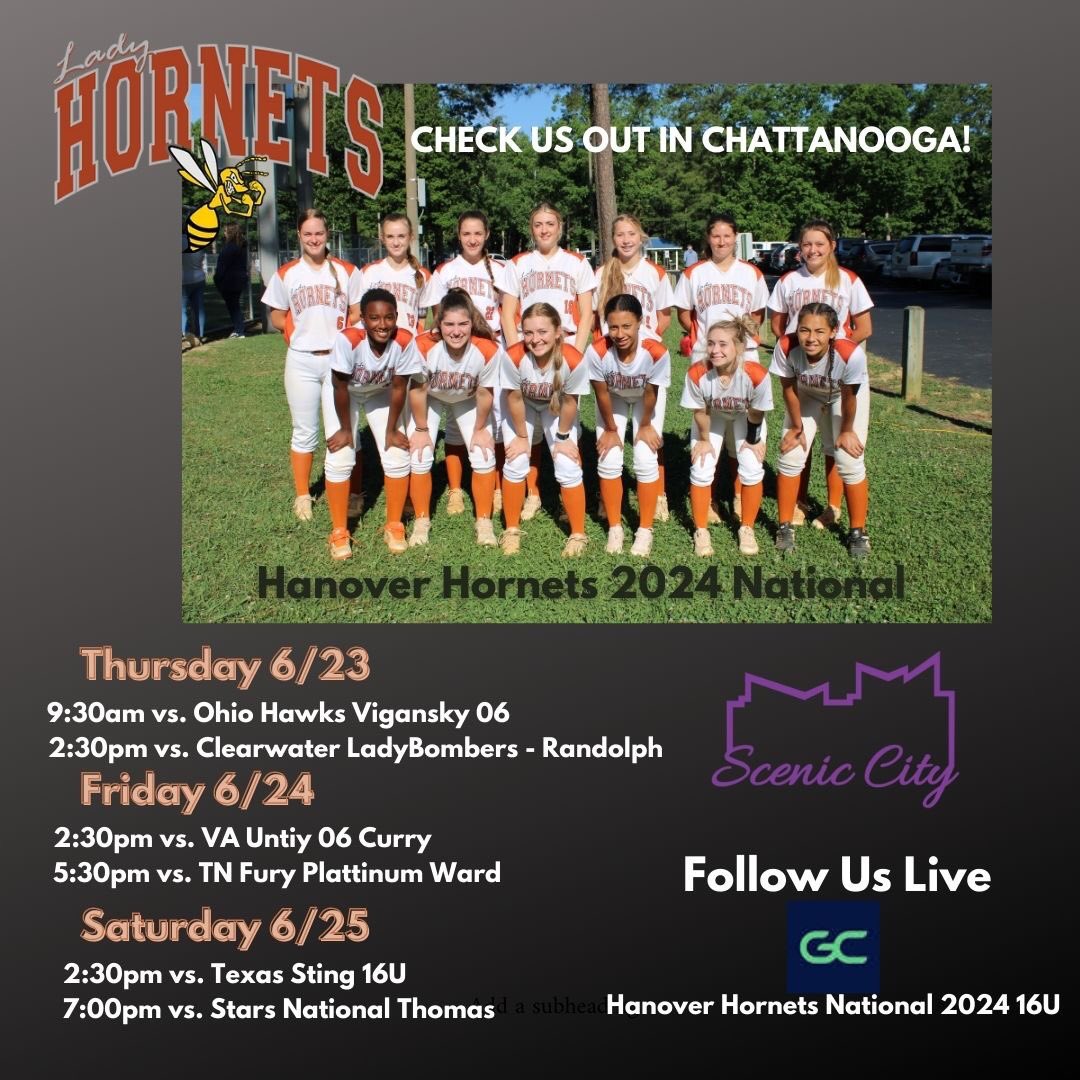 RuleyNaomi's tweet photo. Schedule for Scenic City!!!@LadyHornetsVA @LadyHornets2024 @LegacyLegendsS1 @ExtraInningSB https://t.co/Co4h4eCG44
