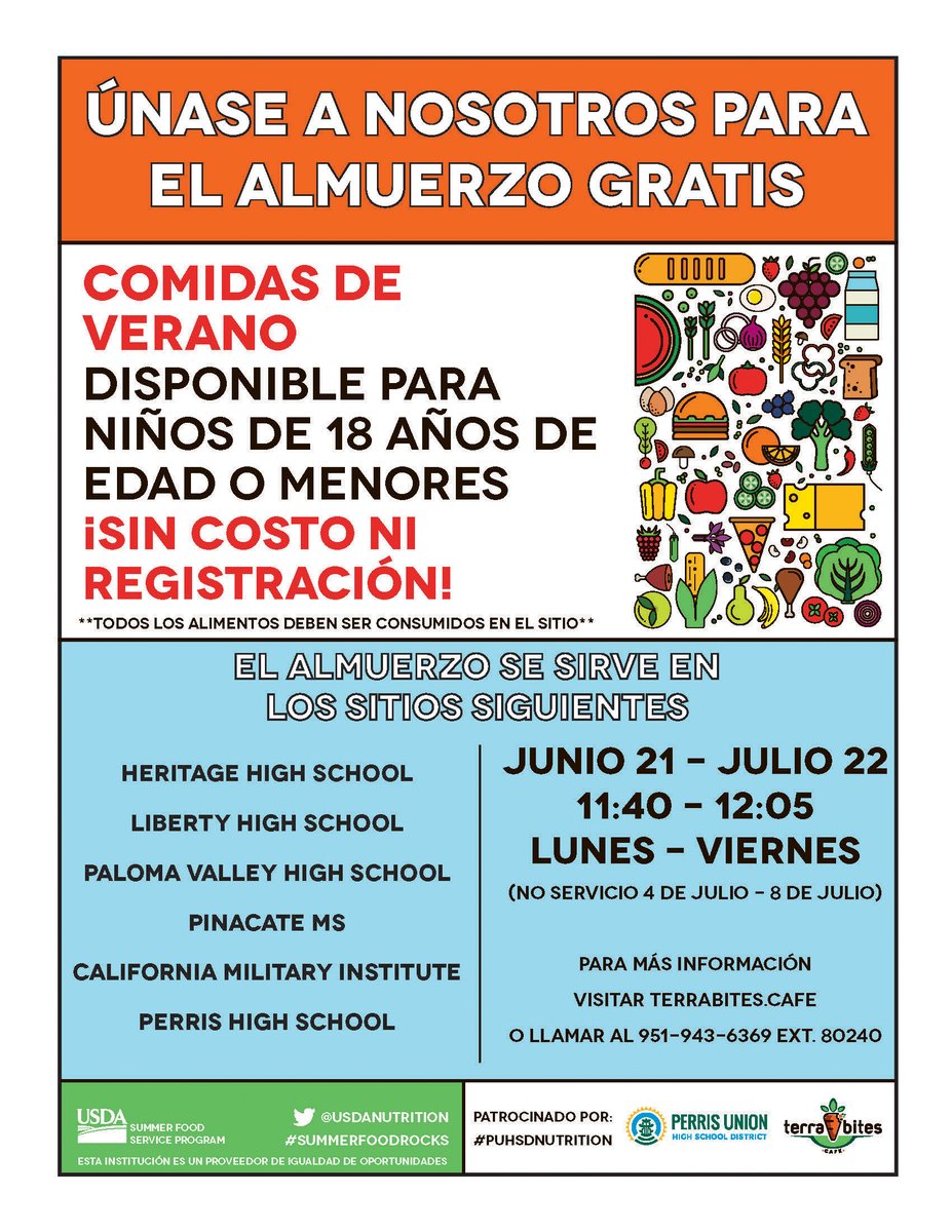 TerraBitesCafe's tweet photo. Summer Lunch Program will be offered through July 22nd, Mon-Fri, from 11:40 AM-12:05 PM at various sites. Available to children 18 years old and younger, you do not need to be an enrolled student in PUHSD to receive meals.

For more info please visit: https://t.co/oDzxaMEcb5 https://t.co/niYAFSnGwm