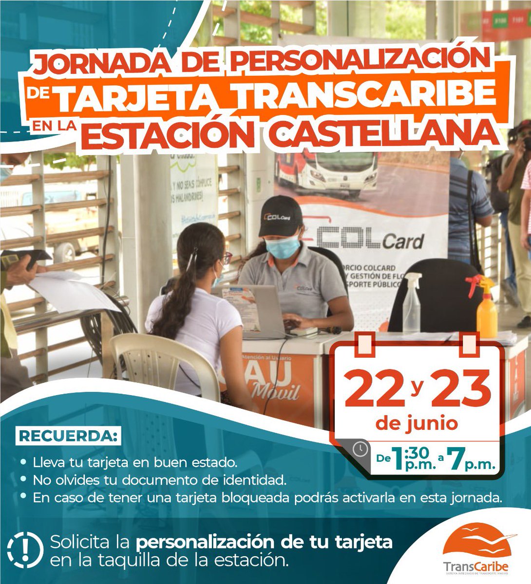 🔔Jornada de personalización de tarjetas Transcaribe en Estación La Castellana🔔 

⏰Miércoles 22 y Jueves 23 de junio
 Horarios: 
de 1:30 p.m.  a 7:00.p.m.

🚨No olvides…
Llevar un documento de identidad y tu #TarjetaTranscaribe en buen estado.