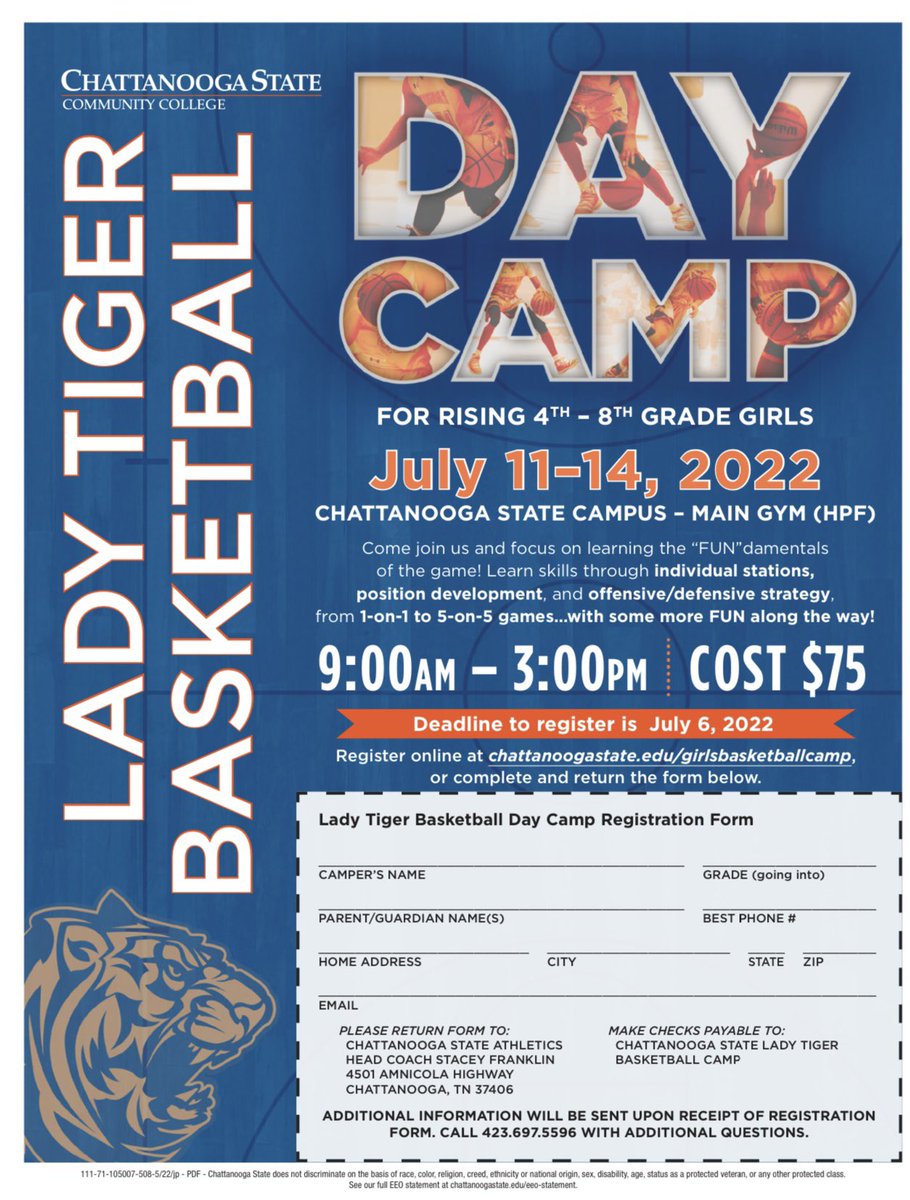 Save the date! Chattanooga St. WBB annual Lady Tiger Day camp is right around the corner!
We focus on the FUNdamentals and enhance skill all while having fun!

This camp is perfect for young ladies who wish to get a feel for the college atmosphere!

secure.touchnet.net/C20043_ustores…

🐅🏀
