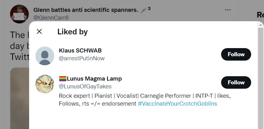 cyst_mark's tweet photo. @GlennCarr6 @RitaPanahi @Twitter @elonmusk But its not like you are connected to the WEF or anything and will stoop to very low accusations, amirite? https://t.co/POz6F8Ox5x