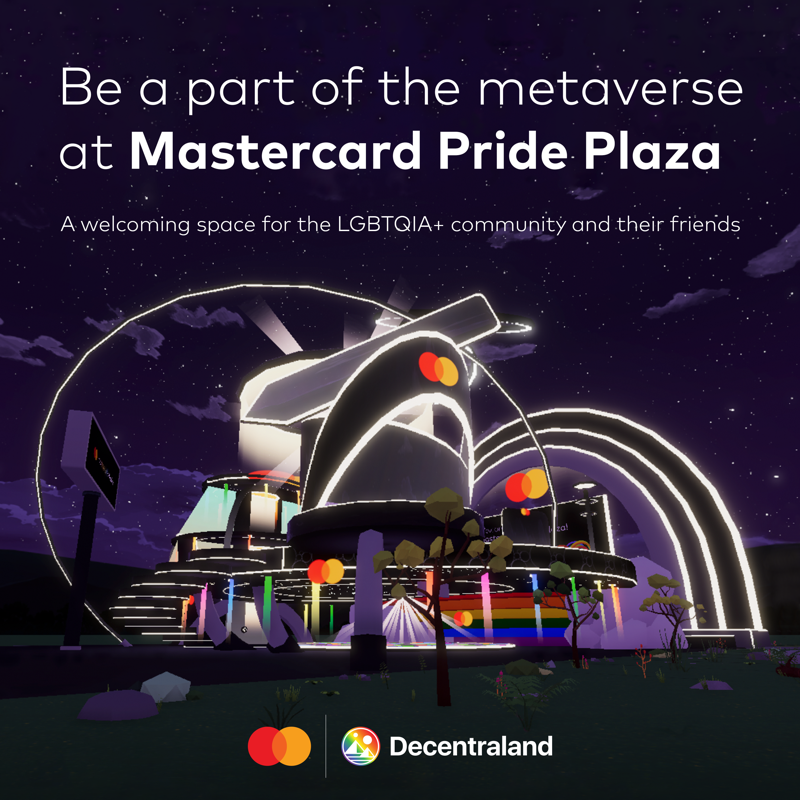 Mastercard's tweet photo. Jump into Decentraland and celebrate your true self in Mastercard’s #PridePlaza! Ride a float, attend a celebrity talk and check out the showcase of unique NFT wearables from LGBTQIA+ artists! Celebrating your true self is #Priceless.