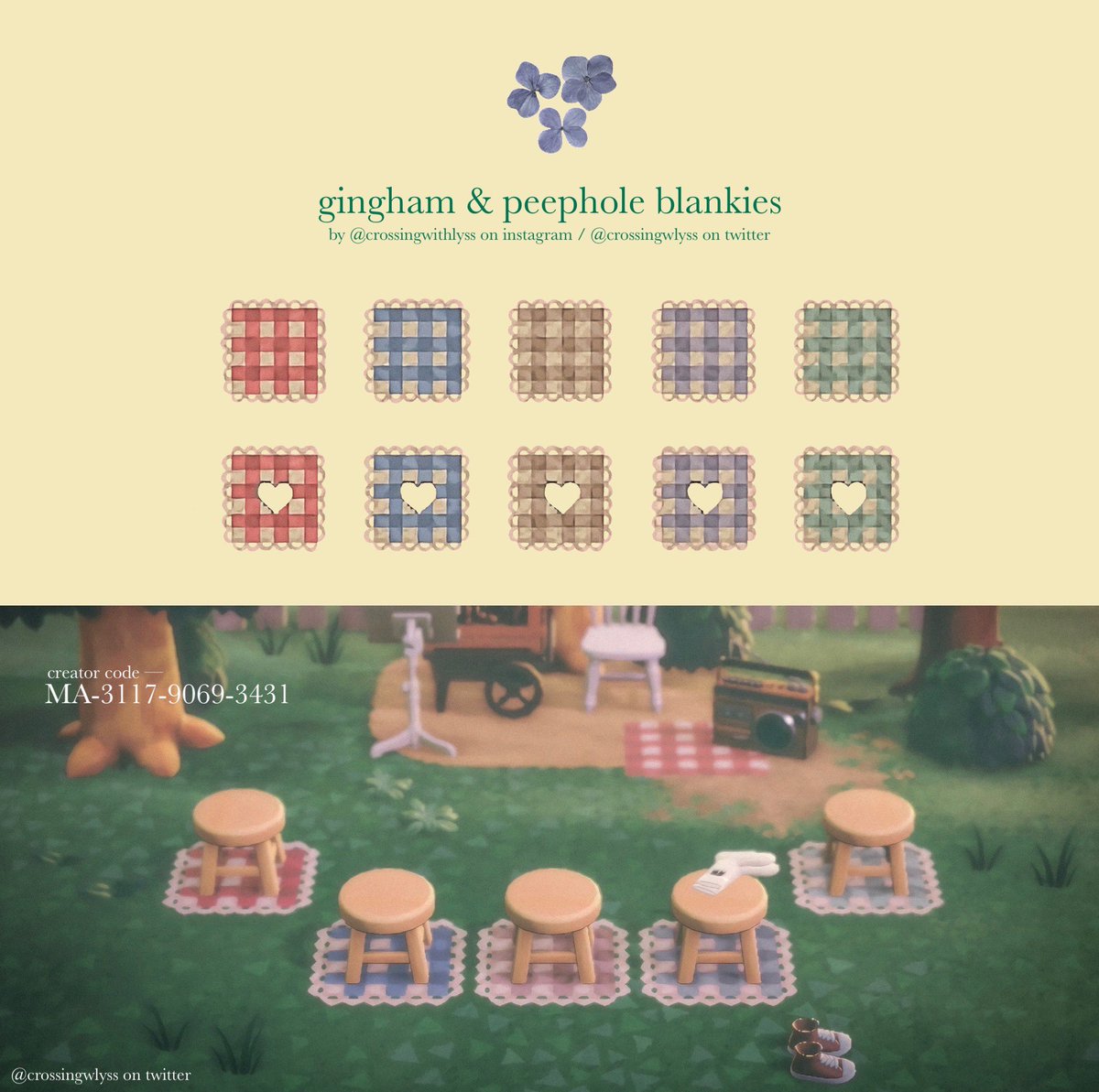 new design! some cute blanket codes perfect for a summer picnic 🧺
——
#ACNHDesign #acnhcodes #AnimalCrossingNewHorizons