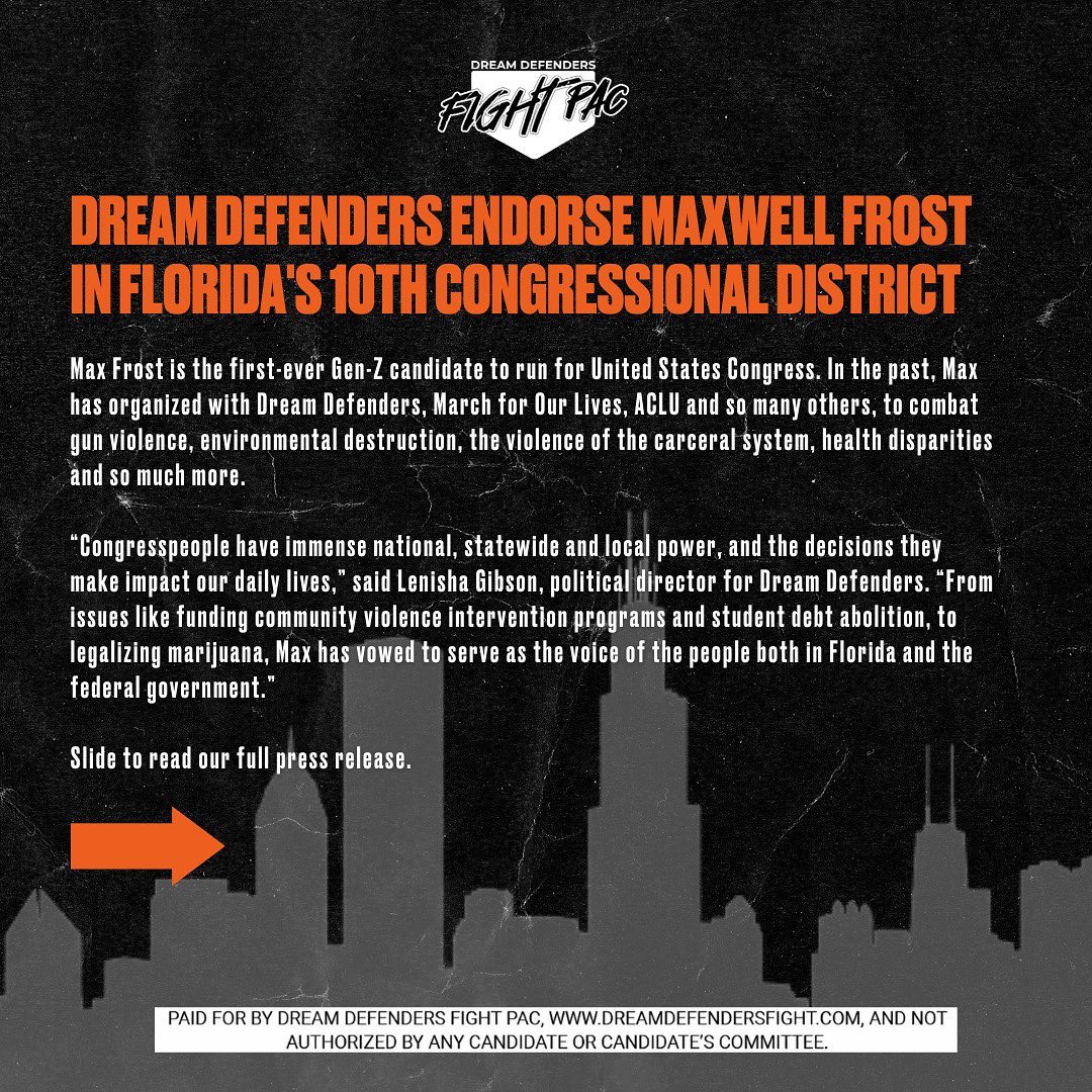 DDFightPac's tweet photo. Dream Defenders have decided to endorse a political candidate who shares and upholds the values of the organization and its Freedom Papers, Max Frost.

Read our full press release below https://t.co/VLoaQ85Hoy