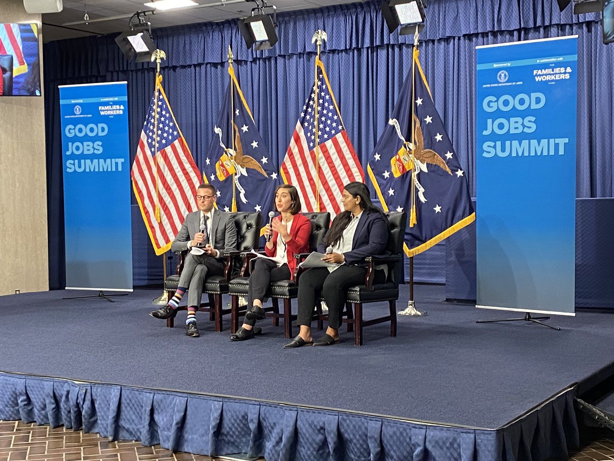 “Good jobs should provide economic mobility, stability, & respect and voice.” @RachelKorberg shares some key tenets of our #JobQuality definition work with @AspenJobQuality at the #GoodJobsSummit fireside chat w/ @kavyavaghul of @JustCapital & moderated by @awh of @USDOL