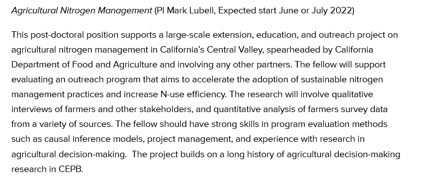 While we are still accepting applications for all of our environmental governance post-docs, we have not received any strong candidates for the agricultural nitrogen management project! Apply! Please spread the word! <a href="/BenHoulton/">Benjamin Z Houlton 🌍</a> @lprokopy <a href="/MeredithNiles1/">Meredith Niles</a> 
environmentalpolicy.ucdavis.edu/blog/cepb-envi…