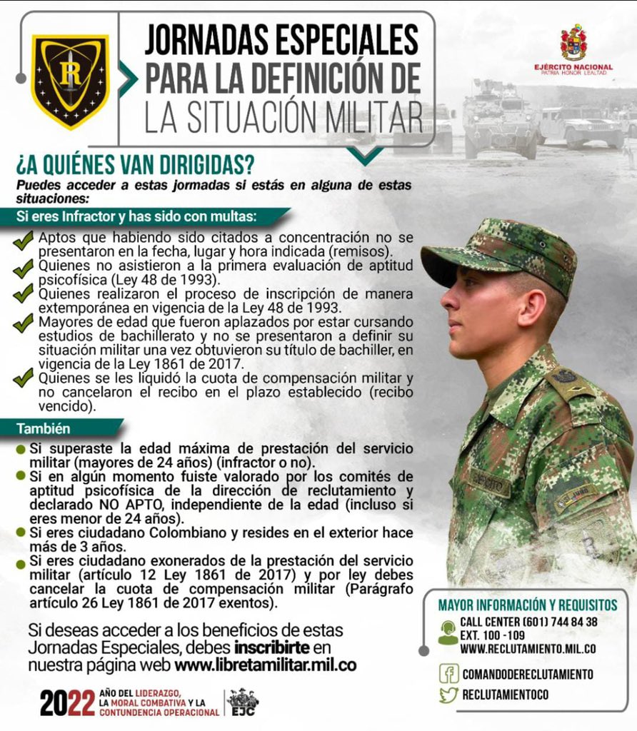 📌Conoce a quiénes van dirigidas las jornadas especiales para la definición de la situación militar, lee aquí 👇🏻👨🏻‍💻

#EjércitoTransparente
<a href="/RECLUTAMIENTOCO/">Comando de Reclutamiento y Control Reservas</a>
