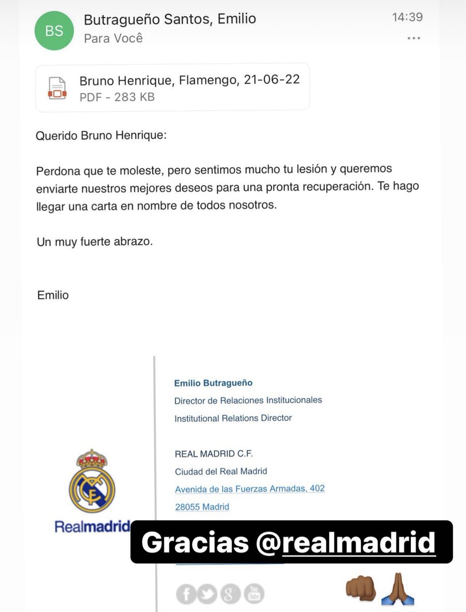 futebol_info's tweet photo. Real Madrid enviou uma carta ao atacante Bruno Henrique, do Flamengo, desejando uma pronta recuperação ao jogador, que lesionou o joelho e ficará de 10 meses a 1 ano sem jogar.

“Estamos seguros de que em breve você estará em campo ajudando a sua equipe, o Flamengo.” https://t.co/pWvrsMIsCT