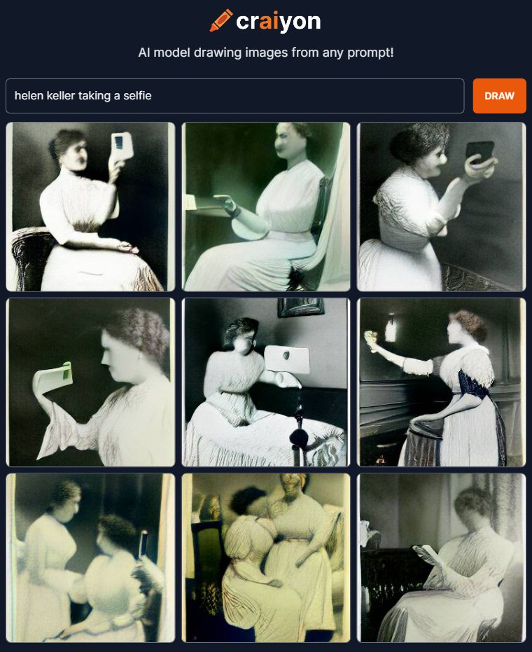 RandomCraiyon's tweet image. Helen Keller taking a selfie #craiyon #dalle #dalle2 #dallemini #ai