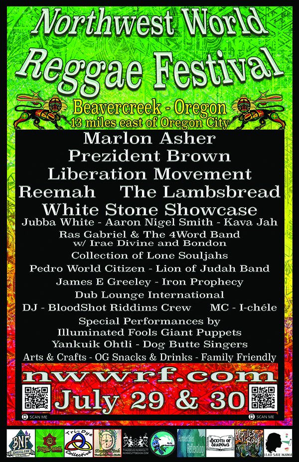 Get your tickets to Roots Reggae July 29 and 30. The 18th Northwest World Reggae Festival near Beavercreek, Oregon. nwwrf.com for all the details