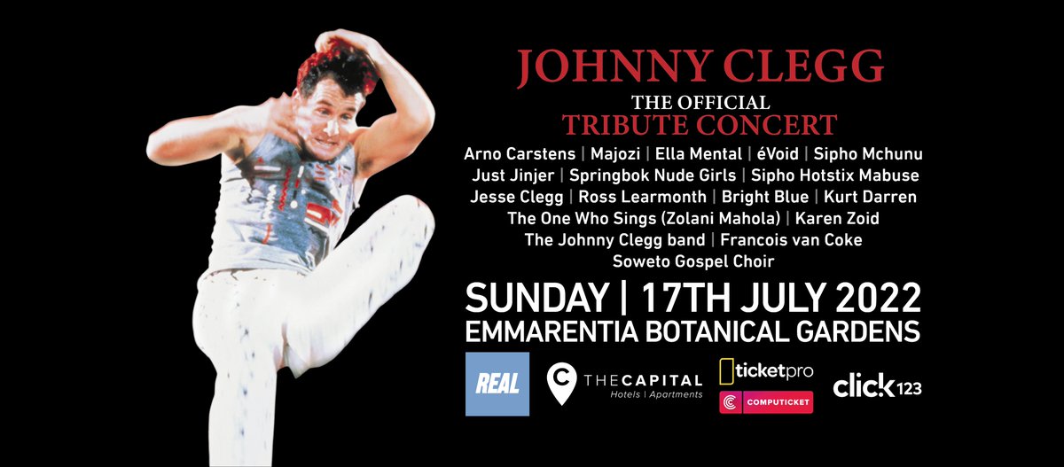The Johnny Clegg Tribute Concert will take place on Sunday 17th of July, 2022 at the Emmarentia Botanical Gardens, which marks the third anniversary of Johnny’s passing, and will feature some of South Africa’s top performers.

Information and Tickets: realentertainment.live/johnny-tribute