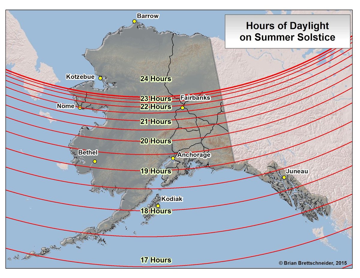 Sunrise in southcentral Alaska today on the summer solstice was at 4:14, and sunset is at 23:45. We haven’t seen anything darker than civil twilight in weeks, and this will continue until mid-August.