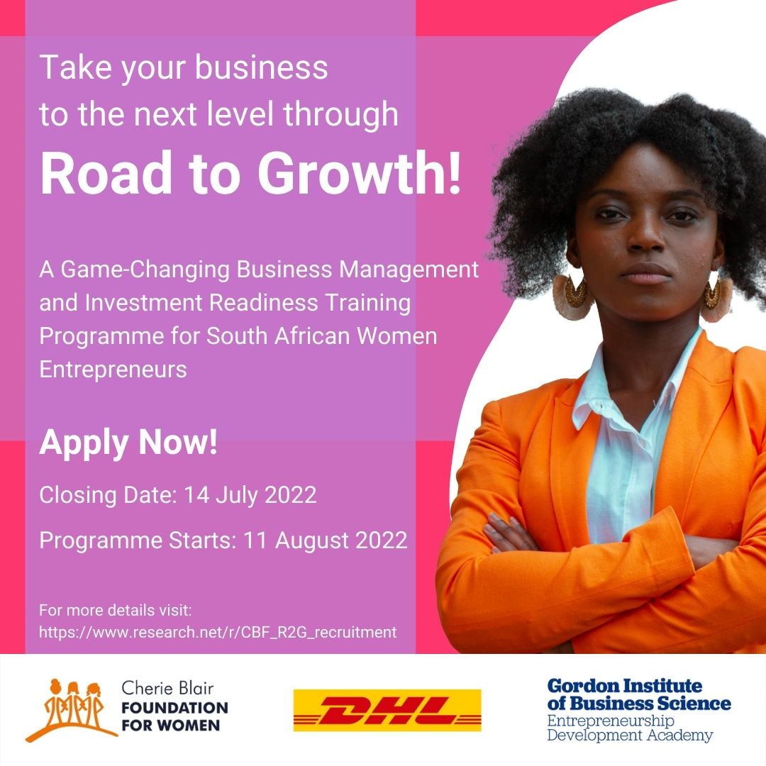 Are you a woman entrepreneur that would like to push your business so it is investment-ready? Amplify your business on its journey to success by applying for the 
<a href="/CherieBlairFndn/">Cherie Blair Foundation for Women</a>'s #RoadToGrowth programme that we'll deliver in August!
 lnkd.in/dDd9KFgK
#TheTownshipEconomy
