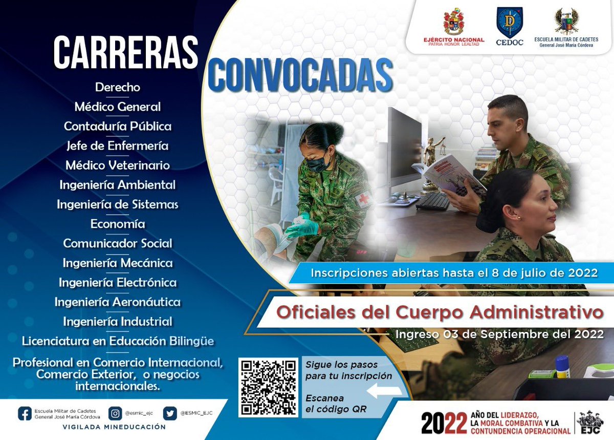 #IncorpórateYa | <a href="/ESMIC_EJC/">Escuela Militar de Cadetes</a> abre sus inscripciones al Curso de Orientación Militar para ser Oficial del Cuerpo Administrativo de <a href="/COL_EJERCITO/">Ejército Nacional de Colombia</a>.
Conoce toda la información en >> esmic.edu.co #LaVictoriaEsDeTodos