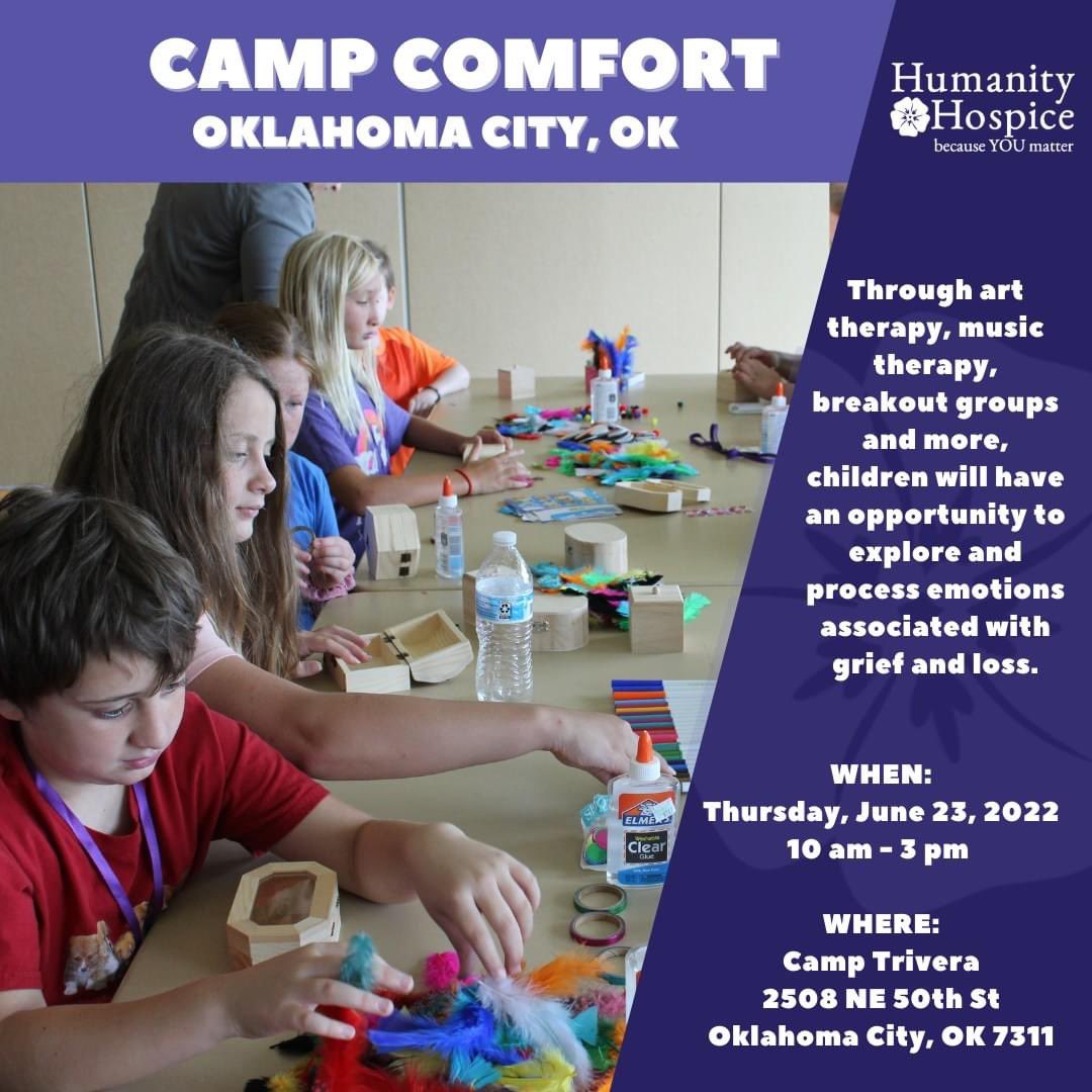 Our final #CampComfort of the year is happening in Oklahoma City this Thursday! We are looking forward to helping our next generation learn how to process grief and the emotions that come with it. To learn more or to sign up, call 855-782-2222.