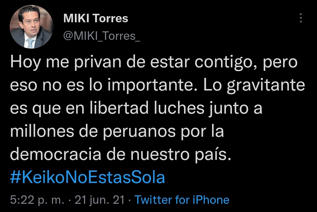 trends_peru's tweet photo. Miki Torres

Por divorcio de Mark Vito y Keiko Fujimori 💔. Ambos podrian ir presos por delitos de lavado de activos, ya que, por orden de Keiko Fujimori, su esposo recogió US$ 160 mil de Rassmuss en dos armadas, el 10 y el 12 de mayo de 2015. https://t.co/U65pO22vk0