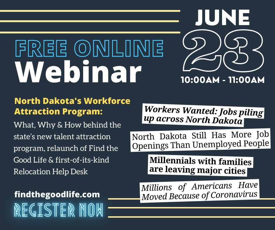 vcbcdc's tweet image. Trust us, you're going to want to hear this!

North Dakota partnered with talent attraction agency to recruit new residents &amp;amp; connect them to jobs. Even if you have no idea what workforce talent attraction means – you will by the end of this webinar!
eventbrite.com/e/find-the-goo…