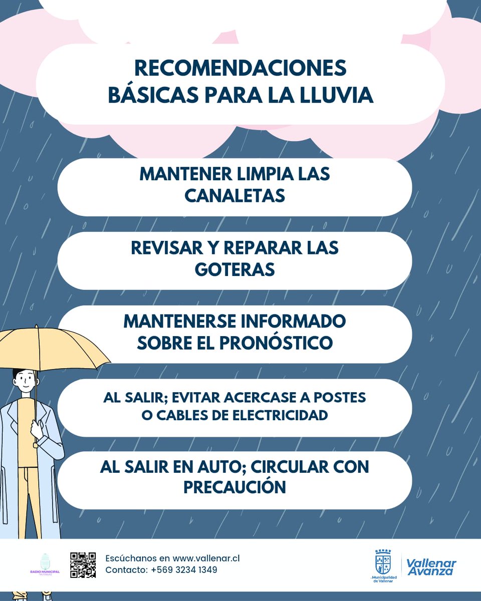 ✅[TOME NOTA] Ante el anuncio de precipitaciones en nuestra comuna de #Vallenar 🌧 es siempre estar preparados👍, por lo que compartimos las siguientes recomendaciones👇