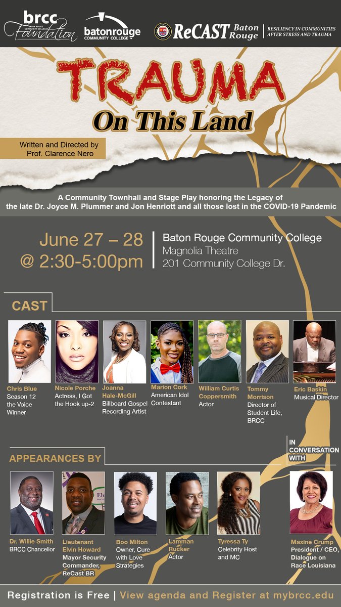 The Division of Liberal Arts encourages you to attend the premiere performance of Trauma on This Land, an original play written and directed by our esteemed colleague, Prof. Clarence Nero. Tickets are free with registration required here: brccf.org/recastbr