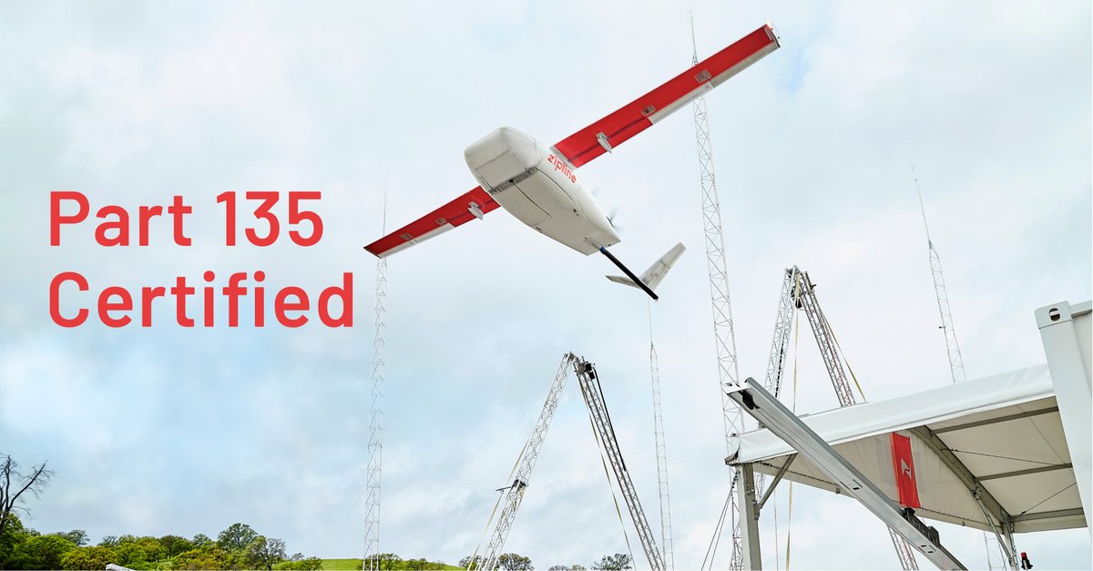 zipline's tweet photo. Today, Zipline achieved Part 135 air carrier certification from the @FAA. Being certified as a U.S. airline is a powerful step forward toward scaling safe, sustainable drone delivery operations in the U.S. and around the world. https://t.co/YQa1j5nn0E