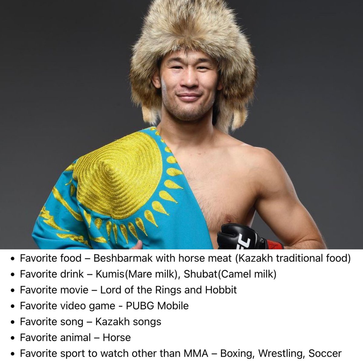AlexBehunin's tweet photo. Humanizing Athletes: Shavkat Rakhmonov (mini version)

Shavkat lists some of his favorite things ahead of his co-main event this weekend at #UFCVegas57 https://t.co/848DGGzIs0