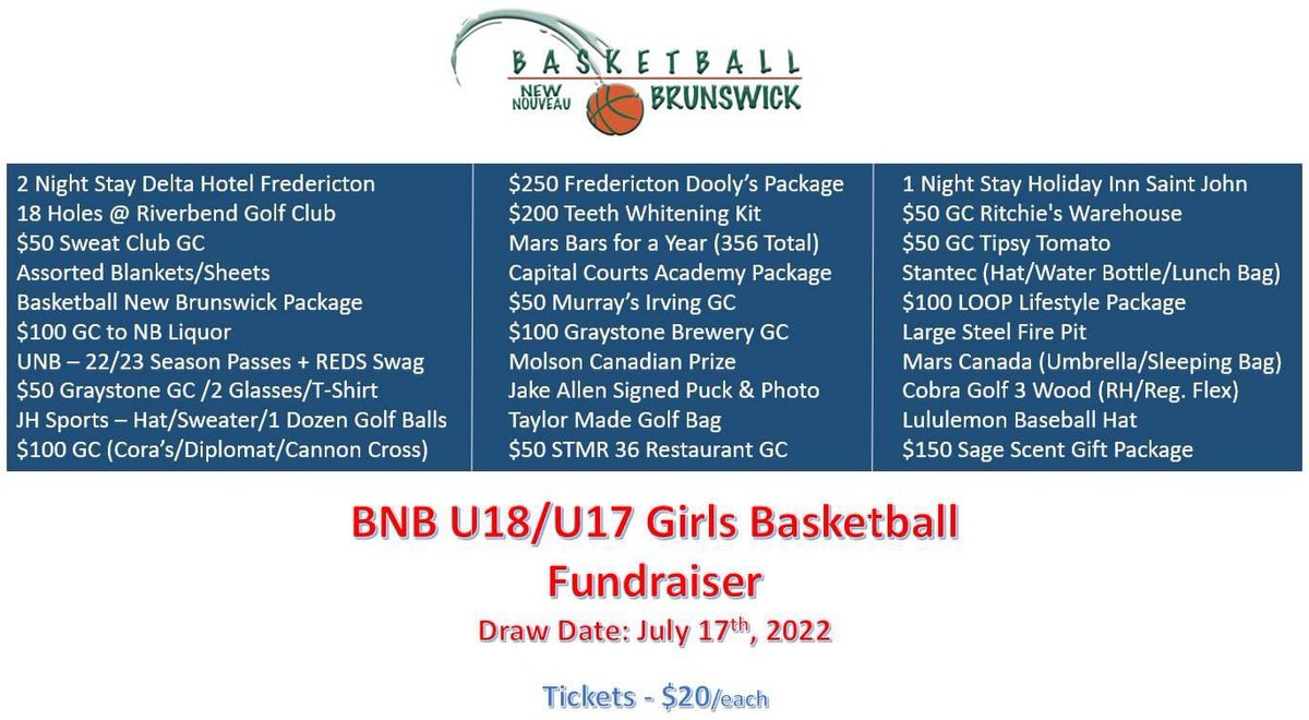 The <a href="/BasketballNB/">Basketball NB</a> Canada Games Women’s team is doing a fundraiser. Tickets are $20 each and the winner receives the ENTIRE package listed below. All proceeds will go towards supporting our athletes. 

If you are interested in purchasing a ticket, please DM me!